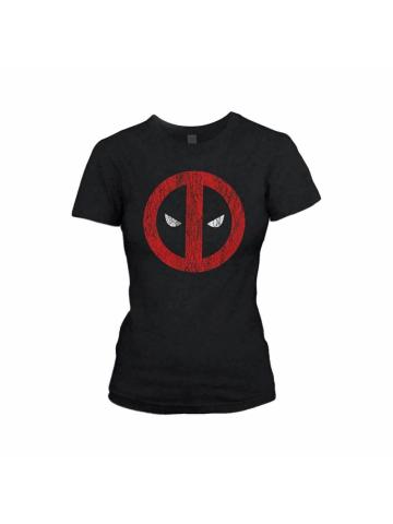 Ladies Deadpool Cracked Mask Logo Fitted Black T-Shirt - Womens Marvel Tee - XL